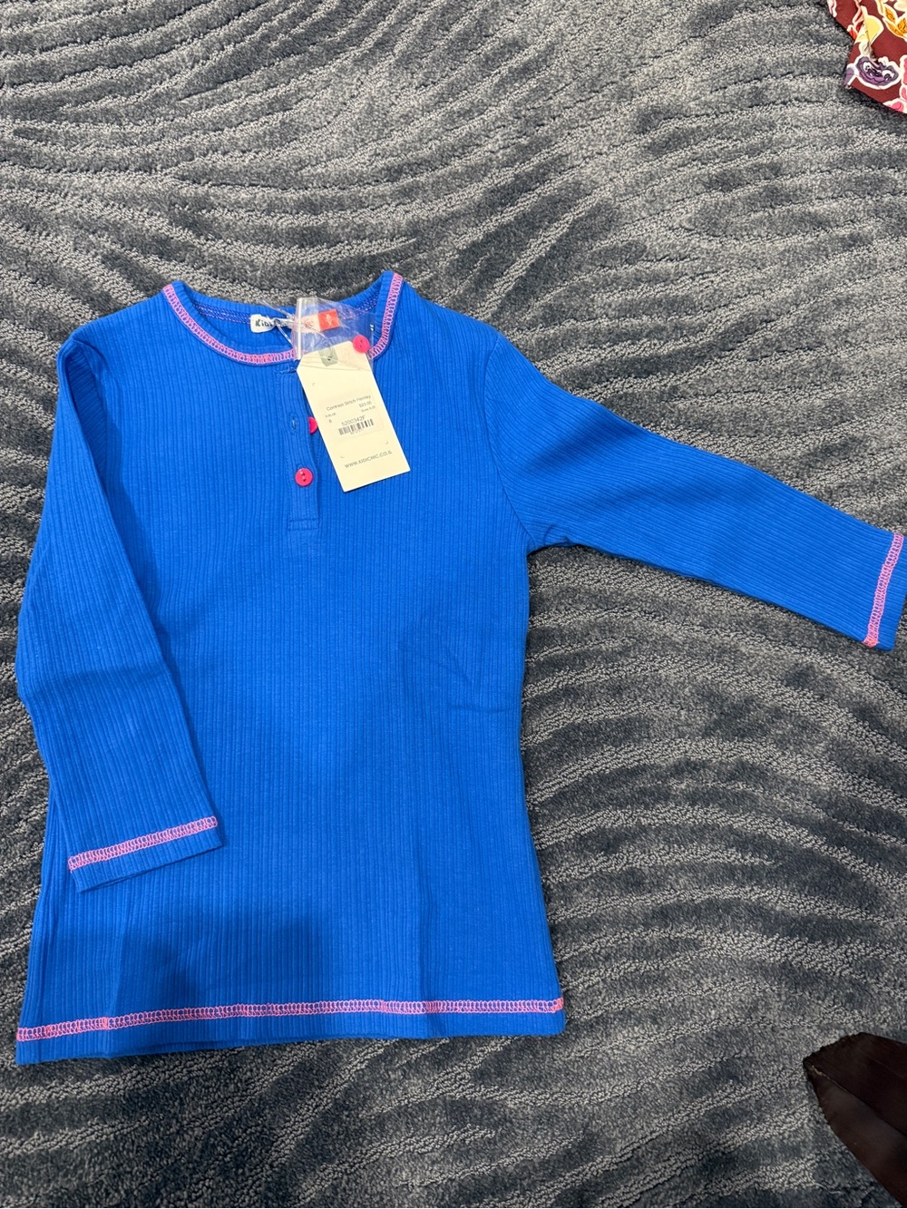 NWT Kidichic blue long sleeve t shirt with pink stitching and buttons